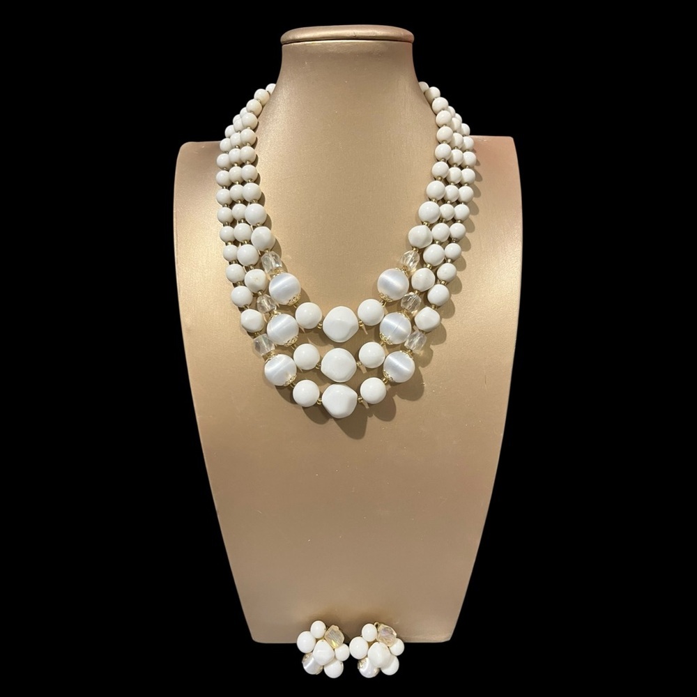 Vintage Triple Strand Lucite Beaded Necklace and Earring Set